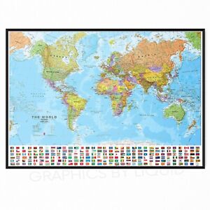 A1 Laminated Large World Map With Flags Politaical Wall Chart Poster