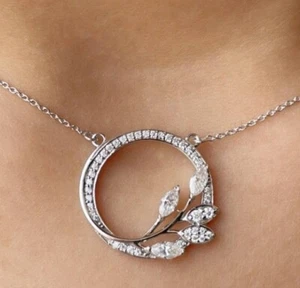 Women's Circle Pendant Necklace Marquise & Round Lab Created Diamond 925 Silver - Picture 1 of 4