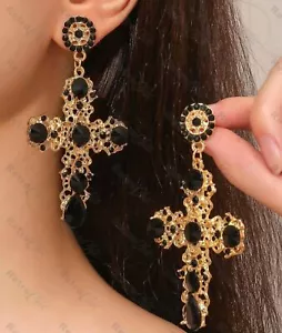 BLACK RHINESTONE ornate LARGE CROSS EARRINGS antique style gold OVERSIZE studs - Picture 1 of 4