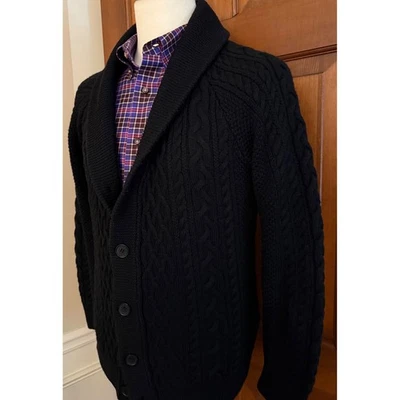 Zara Man Cable-Knit Cardigan Sweater Mens Medium Black Wool-Blend Shawl Collar - Image 1 of 4