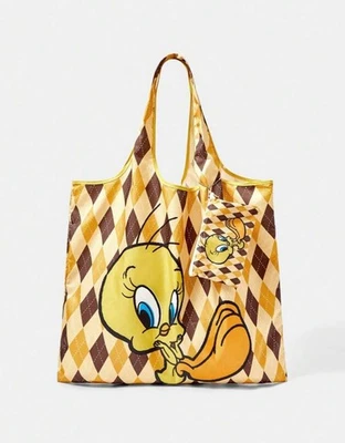 New 20” Looney Tunes TWEETY  BIRD Handbag YELLOW ARGYLE PLAID Purse Tote GYM Bag - Image 1 of 4