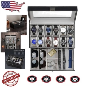 Scatola orologio lusso 12 slot con cassetto e coperchio in vetro - organizer ecopelle 2 strati - Foto 1 di 10
