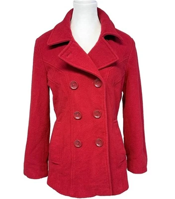 Chaqueta Abrigo Anne Klein Rojo Profundo Lana Doble Pecho Guisante Clásica Mediana Foto 1 de 4