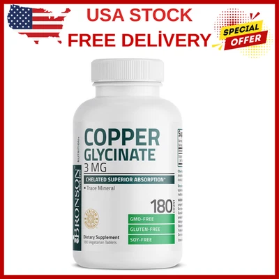 Glicinato de cobre Bronson 3 mg quelado absorción superior no transgénico, 180 vegetarianos Foto 1 de 4