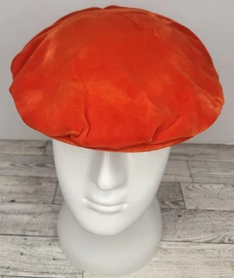 Vintage Clover Lane Art Deco Velvet Velour Beret Hat Fascinator Bright Orange  - Image 1 of 4