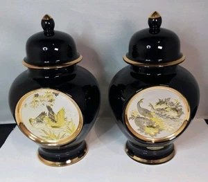 2 Chokin 24K Kanten schwarze Porzellan Vasen Gravuren Vögel 20cm mit Deckel - Bild 1 von 10