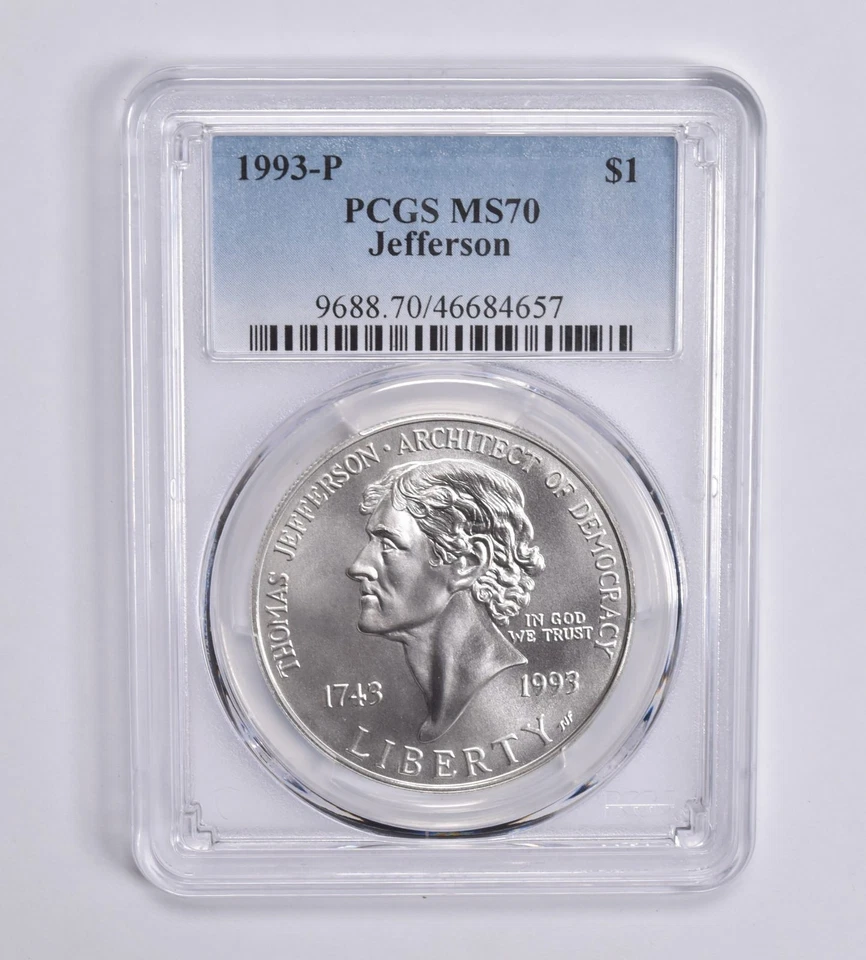 MS70 1993 P Jefferson Democracy Commemorative Silver Dollar PCGS *5238 - Image 1 of 4