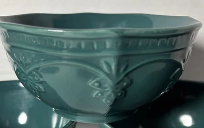 "Lote de 3 cuencos de sopa de cereal de gres de 6"" PIONEER WOMAN Farmhouse encaje verde azulado" Foto 1 de 2