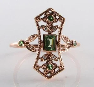 LONG 9CT 9K ROSE GOLD TSAVORITE GARNET DIAMOND VINTAGE INS RING FREE RESIZE - Picture 1 of 5