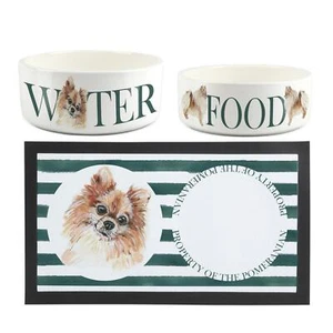 Pomeranian Haustier Schüsseln & Matte Set - Weiß Keramik Futter & Wasser Geschirr Geschenke - Bild 1 von 5
