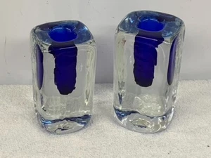 CANDLEHOLDERS, SQUARE, HANDBLOWN GLASS, SQUARE, CLEAR W/ COBALT BLUE SOCKET (2) - Picture 1 of 4