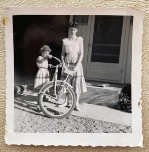 Woman & Girl in Front of House Found Photo 3 1/2" x 3 1/2" B & W Snapshot - Picture 1 of 2