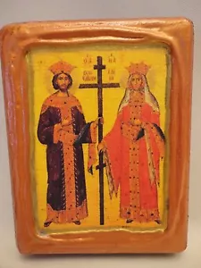 San Costantino ed Elena Cristiano Greco Bizantino Oro Rosa Icona Arte - Foto 1 di 9
