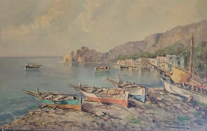 Ölgemälde Hafenboote Landschaft Insel Wasser Himmel Wolken - Bild 1 von 5