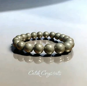 Pyrite Bracelet Natural Stones Top Quality 10mm Unisex Stretch Bead Bracelet - Picture 1 of 5