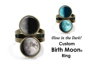 Glow in the Dark Custom Birth Moon Ring 2 Lunar Phases in Stainless Steel Silver
