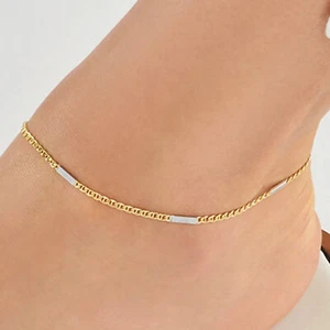 14K Real Gold Two-Tone Mariner Chain Bar Ankle Bracelet 9.5" - Picture 1 of 6