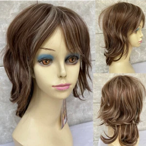 Medium Wavy Highlight Blonde Brown Mix Synthetic Hair Wigs Women Fashion Wigs - Picture 1 of 18
