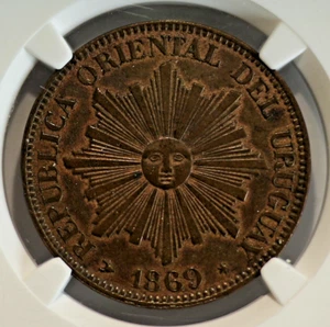 URUGUAY 4 centesimos BRONZE CURRENCY MONEY COIN 1869 H NGC AU 58 BN Sun Face - Picture 1 of 4