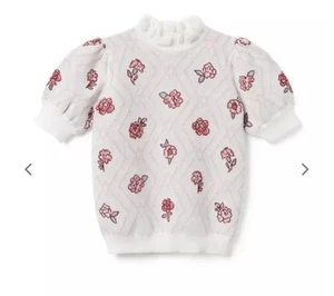 Janie and Jack Girls' Floral Argyle Sweater Top Short Sleeve Ivory Pink Size 16 - Picture 1 of 6