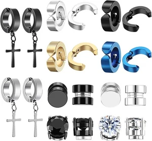 Pendientes de aro pequeños de acero inoxidable clásicos circonitas negras tachuelas para hombre mujer  - Imagen 1 de 7