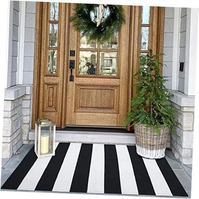  Alfombra blanca y negra 27,5x43 pulgadas alfombra a rayas para puerta delantera de algodón  Foto 1 de 4