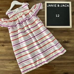 Janie & Jack California Garden Stripe White Red Cold Shoulder Cotton Dress 12 - Picture 1 of 9