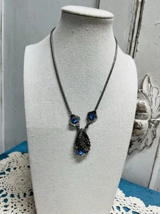 Gorman Post War US Zone Germany Blue Cat’s Eye Glass Necklace Leaf Motif 1940s - Picture 1 of 5