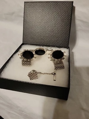 Abotoaduras vintage clipe de gravata amarrar tack malha tom prata pedra preta usado - Imagem 1 de 4