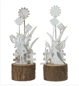 2 X Fairy Ornaments Silver White Metal Wood Gardens Indoors Silhouette Flowers - Picture 1 of 1