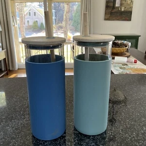 (2) 20oz Glass Water Tumble With Straw And Lid Bamboo Lids Water Bottle Iced - Picture 1 of 13