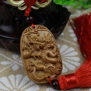 4Cm*6Cm*1Cm Chinese Wood Carving Auspicious Dragon Sculpture Amulet Car Hanger - Picture 1 of 4