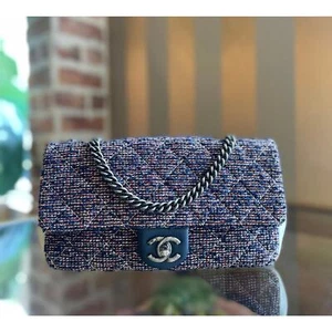 CHANEL Quilted Single Flap Medium Blue Multicolor Tweed/ Matelasse Shoulder Bag - Picture 1 of 11