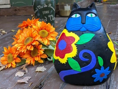 Cat Garden Statue | Hand-Painted, Multicolor Concrete Fat Cat with Flowers | ONL - Image 1 of 4