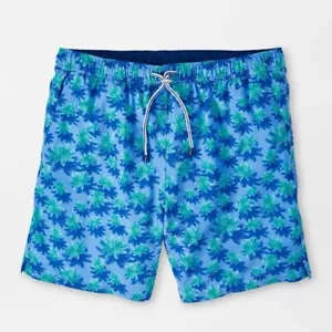 Peter Millar Mens Seaside Palms Print Swim Trunks Shorts Blue Sz XL w/Koozie NWT - Picture 1 of 14