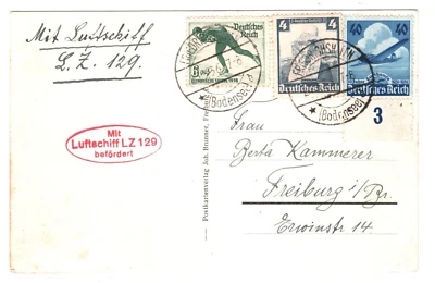 GERMANY Card *HINDENBURG* ZEPPELIN Air Mail Friedrichshafen Freiburg 1936 MA1465 - Image 1 of 4