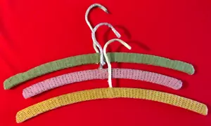 Vintage Wooden Clothes Hangers covered with crochet set of 3 pink gold and blue - Picture 1 of 2