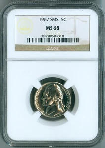 1967 SMS NGC MS68 Jefferson Nickel 5c, Second Finest Registry, Low Pop Beauty! - Picture 1 of 4