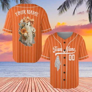 Personalized Lace Ghost Baseball Jersey, Halloween Boo Lace Bow Jersey Shirt Mom - Picture 1 of 9