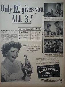 Royal Crown RC 1947 Cola Soda Claudette Colbert con botella anuncio original - Imagen 1 de 1