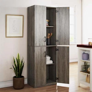 72" 4-Door Pantry Storage Cabinet Tall Wood Kitchen Cupboard Organizer Laundry  - Picture 1 of 18