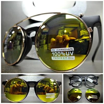 VINTAGE 60's Style Clear Lens CLIP ON SUN GLASSES Round Matte Black & Gold Frame - Image 1 of 4