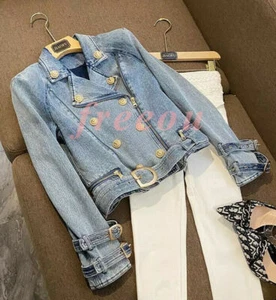 Chaqueta de mezclilla ajustada para mujer Blazer de jean con botones dorados Abrigo de motociclista - Imagen 1 de 12