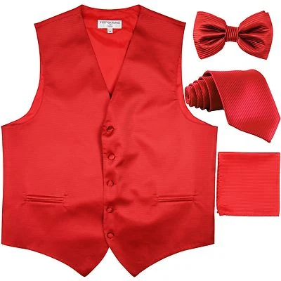 New men's vest waistcoat + bow tie + neck tie + hankie horizontal stripes red - Image 1 of 4