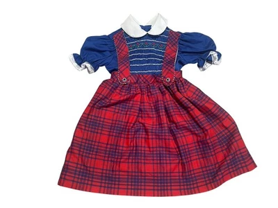 Vtg Polly Flinders Smocked Dress Girls 5 Red White Blue Flowers Roses Tartan - Image 1 of 4