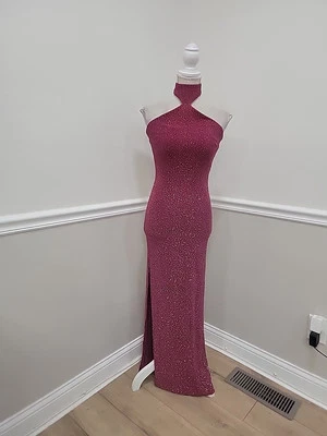  Niki Livas Vtg Y2K Burgundy Ombre Glitter Halter Maxi Formal Evening Dress S - Image 1 of 4