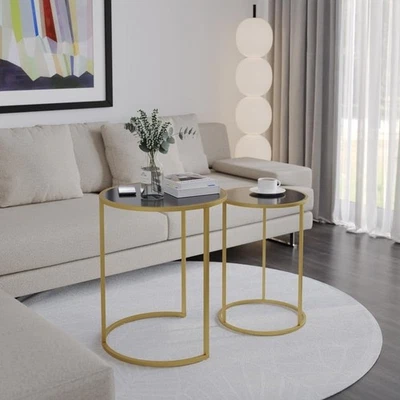 Nesting Coffee Tables Set of 2 Round Tempered Glass Gold Metal Living Room - Image 1 of 4