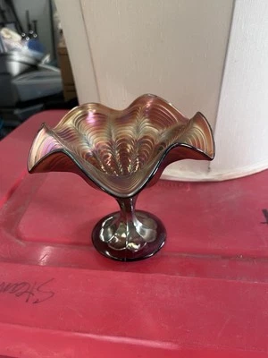 Antique Fenton Peacock Tail Carnival Glass Bowl Candy Dish, Scalloped Edge - Image 1 of 4