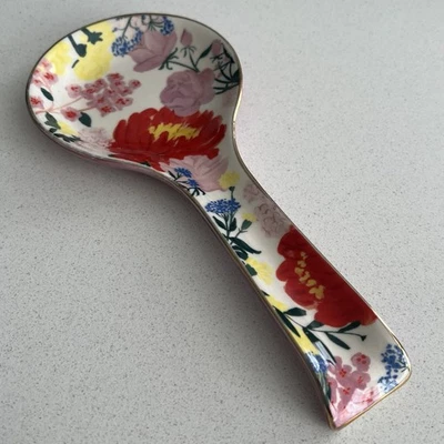 Jackie Diedam Anthropologie Cuchara Floral Reposapiés Porcelana Borde Dorado Cocina 9x4 Foto 1 de 4
