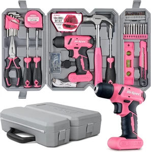 58 Tlg Werkzeugset Pink Mit 8V USB Akkubohrmaschine Werkzeugkoffer Gefüllt NEU - Bild 1 von 4
